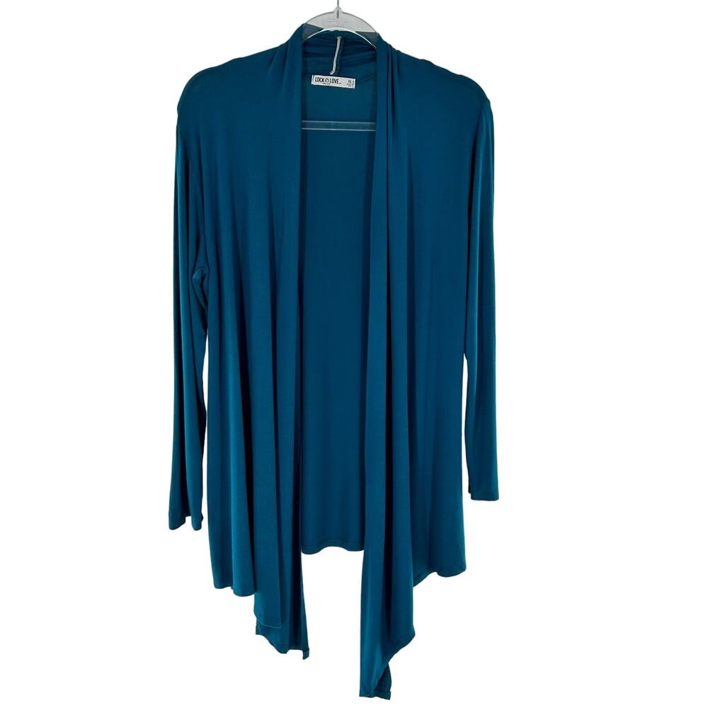 Lock & Love Size XL Teal Blue Draped Front Long Sleeve Lightweight Open Cardigan